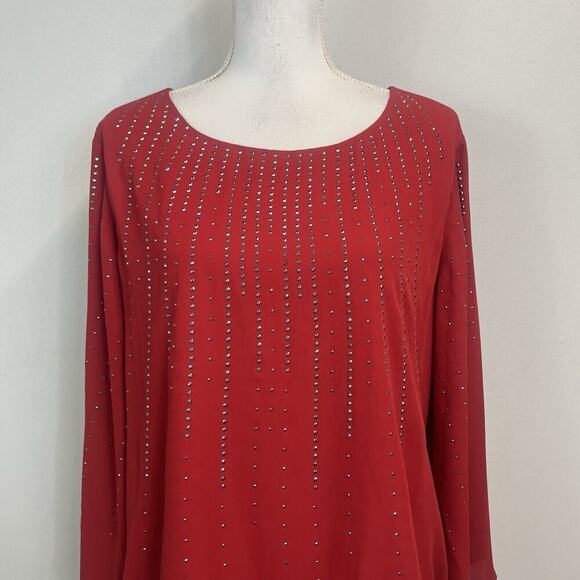 Alfani Blouse Tunic size Large Red Sheer Silver Studs Wedding Cocktail Evening - Picture 2 of 8